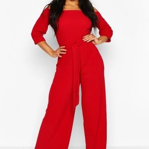 NWT Boo-hoo Red Jumpsuit off the shoulders